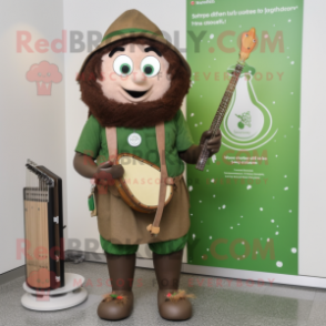 Olive Celtic Harp mascot costume character dressed with a Dungarees and Bracelet watches