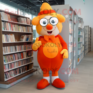 Orange Clown mascot costume character dressed with a Bodysuit and Reading glasses