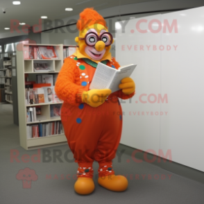 Orange Clown mascot costume character dressed with a Bodysuit and Reading glasses