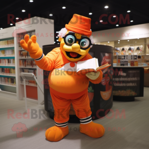 Orange Clown mascot costume character dressed with a Bodysuit and Reading glasses