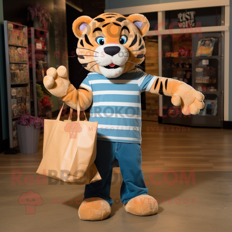 Tan Tiger mascot costume character dressed with a Boyfriend Jeans and Tote bags Tan Tiger mascot costume character dressed with a Boyfriend Jeans and Tote bags