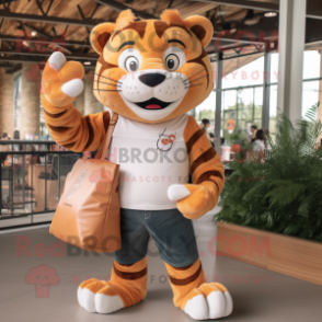 Tan Tiger mascot costume character dressed with a Boyfriend Jeans and Tote bags