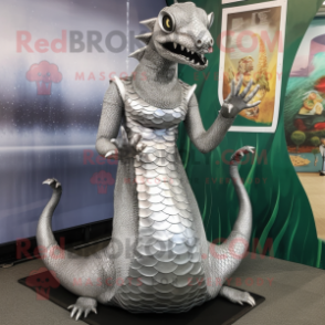 Silver Hydra mascot costume character dressed with a Dress and Foot pads