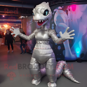 Silver Hydra mascot costume character dressed with a Dress and Foot pads