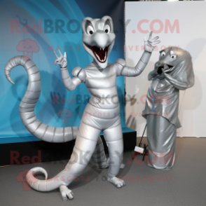 Silver Hydra mascot costume character dressed with a Dress and Foot pads