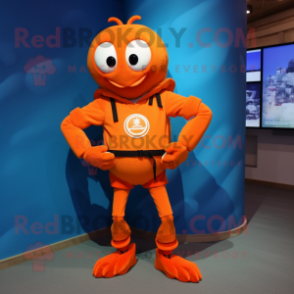 Orange Crab mascot costume character dressed with a Jeggings and Smartwatches