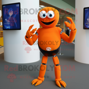 Orange Crab mascot costume character dressed with a Jeggings and Smartwatches