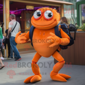 Orange Crab mascot costume character dressed with a Jeggings and Smartwatches