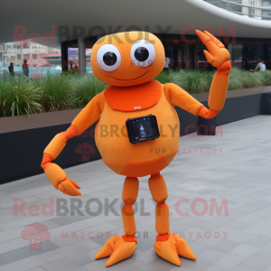 Orange Crab mascot costume character dressed with a Jeggings and Smartwatches