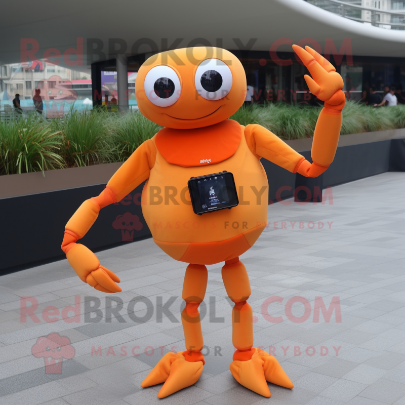 Orange Crab mascot costume character dressed with a Jeggings and Smartwatches