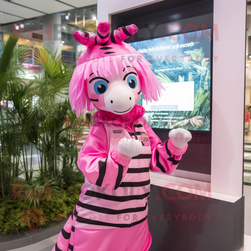 Pink Zebra mascot costume character dressed with a Raincoat and Headbands