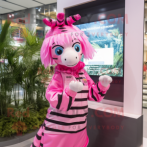 Pink Zebra mascot costume character dressed with a Raincoat and Headbands