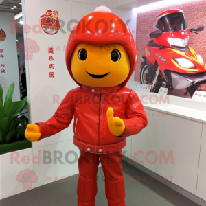 Red Fried Rice mascot costume character dressed with a Leather Jacket and Headbands