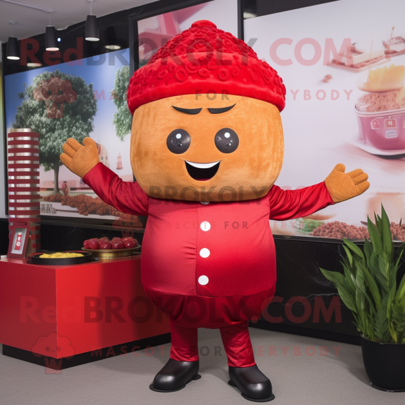 Red Fried Rice mascot costume character dressed with a Leather Jacket and Headbands Red Fried Rice mascot costume character dressed with a Leather Jacket and Headbands