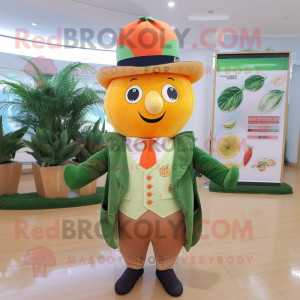 Peach Spinach mascot costume character dressed with a Waistcoat and Wraps