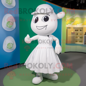 White Squash mascot costume character dressed with a A-Line Skirt and Suspenders