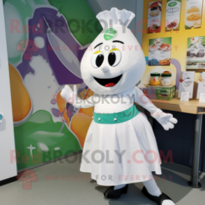 White Squash mascot costume character dressed with a A-Line Skirt and Suspenders