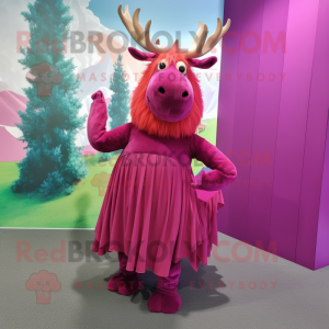 Magenta Elk mascot costume character dressed with a Pleated Skirt and Earrings