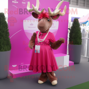 Magenta Elk mascot costume character dressed with a Pleated Skirt and Earrings