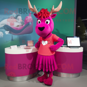 Magenta Elk mascot costume character dressed with a Pleated Skirt and Earrings