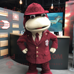 Maroon Cod mascot costume character dressed with a Blazer and Berets