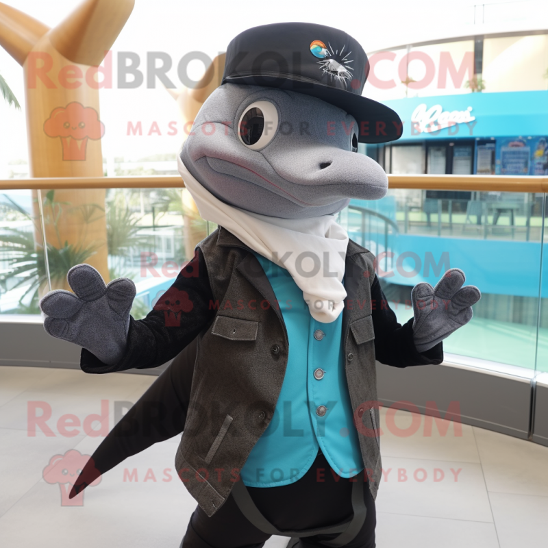 Black Dolphin mascot costume character dressed with a Waistcoat and Scarves