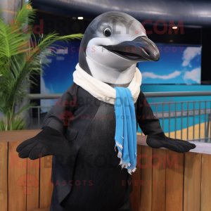 Black Dolphin mascot costume character dressed with a Waistcoat and Scarves