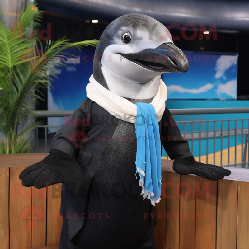 Black Dolphin mascot costume character dressed with a Waistcoat and Scarves Black Dolphin mascot costume character dressed with a Waistcoat and Scarves