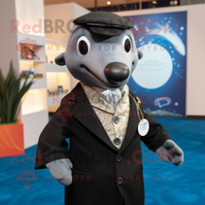 Black Dolphin mascot costume character dressed with a Waistcoat and Scarves