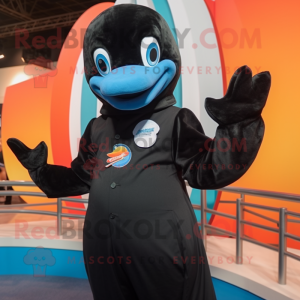 Black Dolphin mascot costume character dressed with a Waistcoat and Scarves