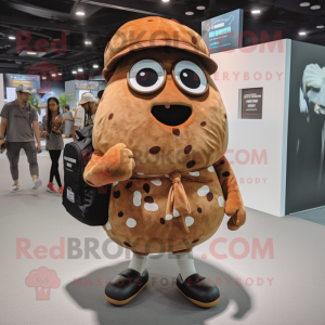 Brown Potato mascot costume character dressed with a Button-Up Shirt and Backpacks
