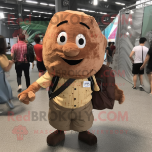 Brown Potato mascot costume character dressed with a Button-Up Shirt and Backpacks