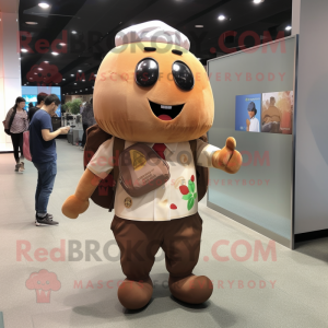 Brown Potato mascot costume character dressed with a Button-Up Shirt and Backpacks