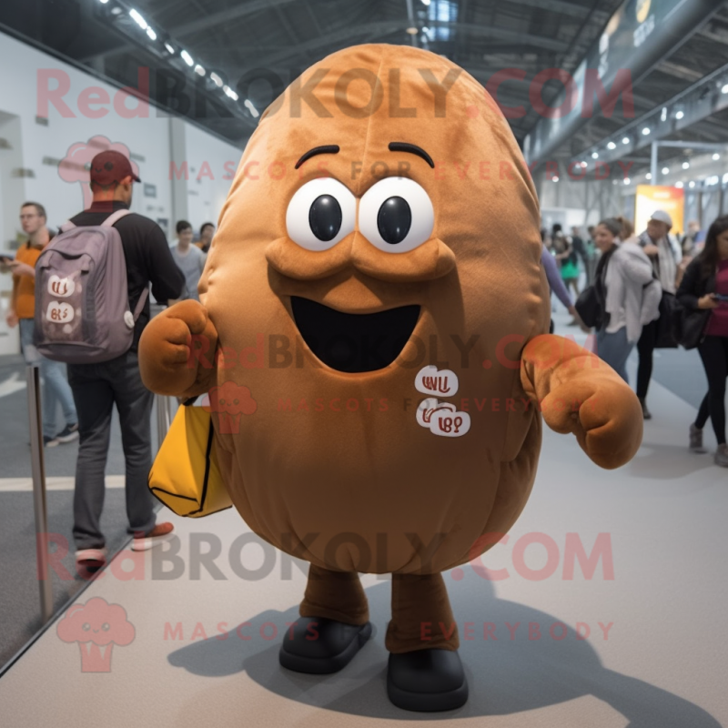 Brown Potato mascot costume character dressed with a Button-Up Shirt and Backpacks