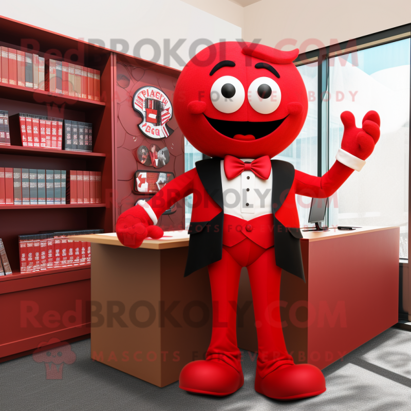 Red Attorney mascot costume character dressed with a Suit Jacket and Bow ties