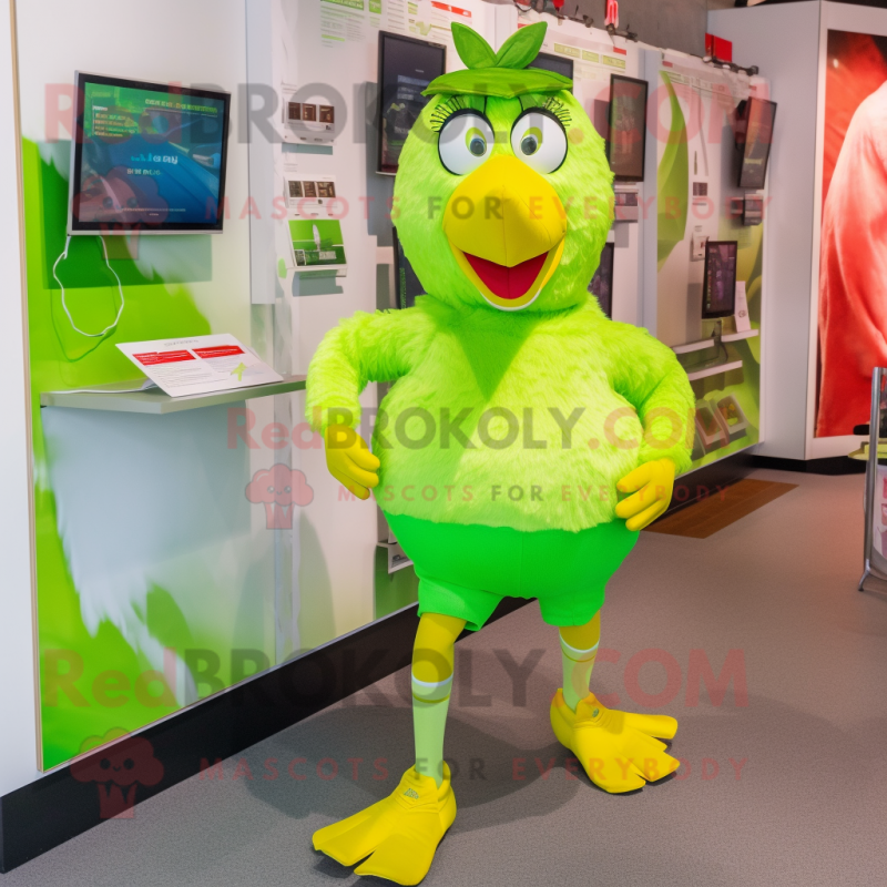 Lime Green Hens mascot costume character dressed with a Running Shorts and Suspenders