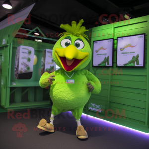 Lime Green Hens mascot costume character dressed with a Running Shorts and Suspenders