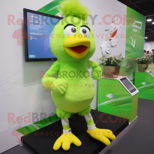 Lime Green Hens mascot costume character dressed with a Running Shorts and Suspenders