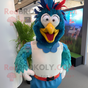 Cyan Roosters mascot costume character dressed with a Sweater and Headbands