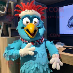 Cyan Roosters mascot costume character dressed with a Sweater and Headbands