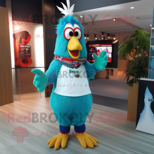 Cyan Roosters mascot costume character dressed with a Sweater and Headbands