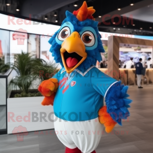 Cyan Roosters mascot costume character dressed with a Sweater and Headbands