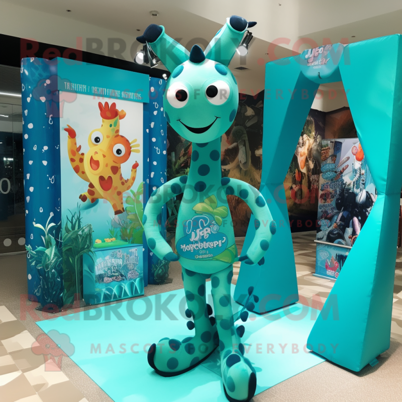 Turquoise Giraffe mascot costume character dressed with a Bikini and Hairpins