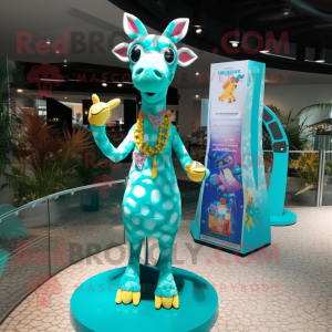 Turquoise Giraffe mascot costume character dressed with a Bikini and Hairpins