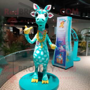 Turquoise Giraffe mascot costume character dressed with a Bikini and Hairpins