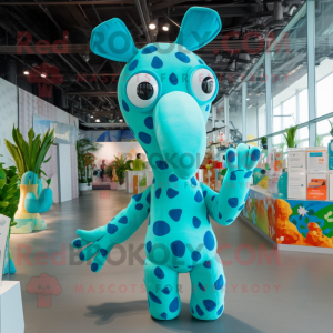 Turquoise Giraffe mascot costume character dressed with a Bikini and Hairpins