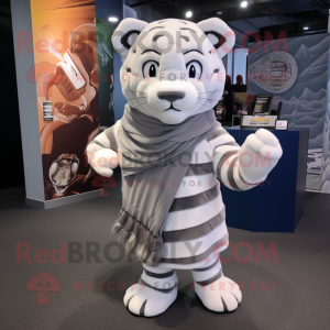 Silver Tiger mascot costume character dressed with a Wrap Skirt and Scarves