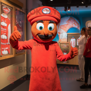 Red Tikka Masala mascot costume character dressed with a Henley Tee and Berets