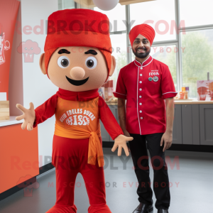 Red Tikka Masala mascot costume character dressed with a Henley Tee and Berets