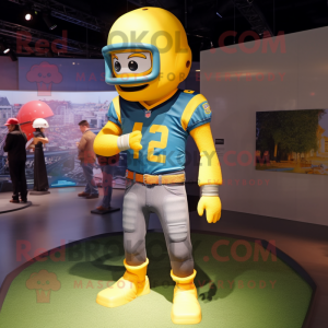 Yellow American Football Helmet mascot costume character dressed with a Denim Shorts and Cufflinks